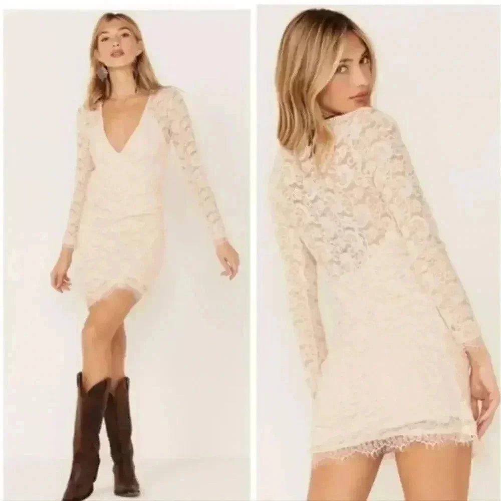 NWT Free People Pearl Lace Long Sleeve Romantic Date Night Mini Dress Women's XS